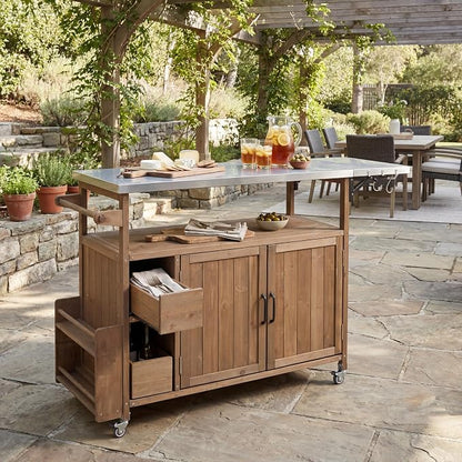 Christopher Knight Home Edsel Outdoor Bar Cart with Stainless Steel Top and Lockable Wheels, Solid Wood Outdoor Storage Cabinet, Kitchen Island Serving Cart for Poolside, Garden, Natural Brown+Silver