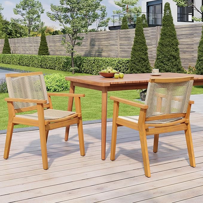 Christopher Knight Home Kita Acacia Wood Patio Dining Chairs Set of 2, Wooden Outdoor Dining Chair Set, Outdoor Kitchen Side Chair with Woven Rope, Teak+Dark Beige