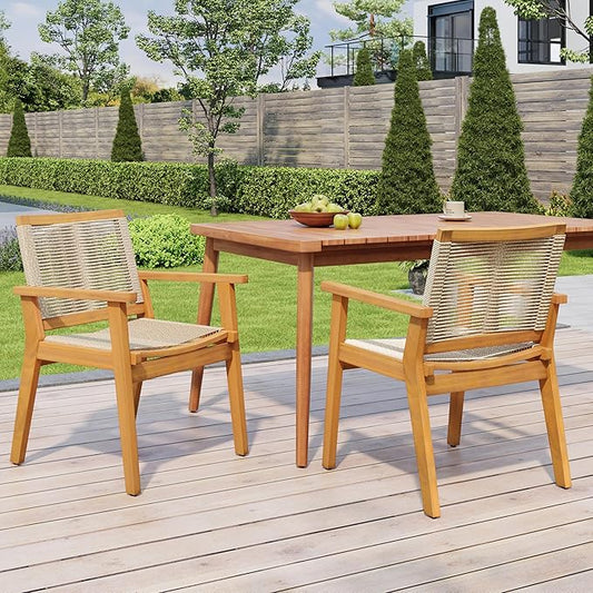 Christopher Knight Home Kita Acacia Wood Patio Dining Chairs Set of 2, Wooden Outdoor Dining Chair Set, Outdoor Kitchen Side Chair with Woven Rope, Teak+Dark Beige
