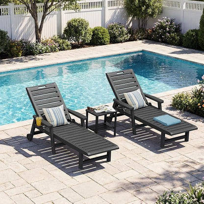 Outdoor Chaise Lounges, Patio Lounge Chair (Black with Wheels, Set of 2) | Wood-Grain HDPE, 5-Position Recline, Lockable Wheels, Cup Holder, 450 lbs, Indoor/Outdoor