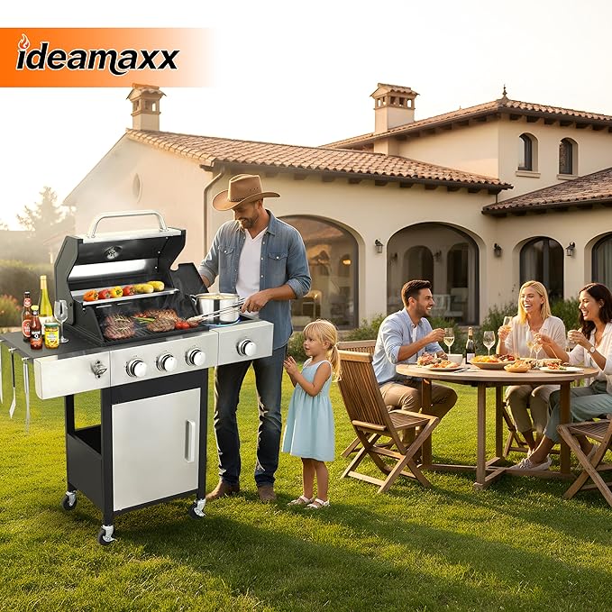 3-Burner Propane Gas Grill for Backyard - 39,000 BTU BBQ with Side Burner, Porcelain Cast Iron Grates, Stainless Steel Outdoor Grill for Camping & Tailgating, Fast Heating
