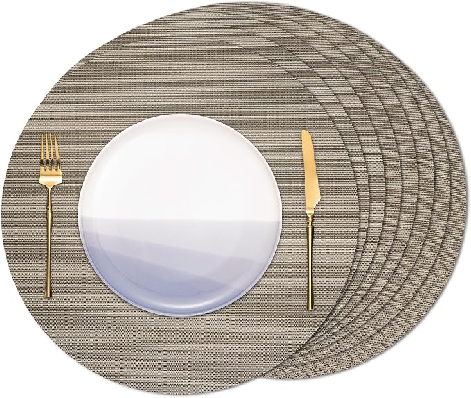 15 Inch Round Placemats Set of 8, Washable Vinyl Woven Place Mats | Heat Resistant Non-Slip Braided Table Mats for Dining Table Kitchen Indoor & Outdoor Use (Golden Silver, Set of 8)