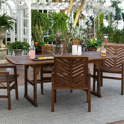 Walker Edison 4-6 Person Outdoor Wood Chevron Back Patio Furniture Dining Set Extendable Table Chairs All Weather Backyard Conversation Garden Poolside Balcony, 5 Piece, Dark Brown