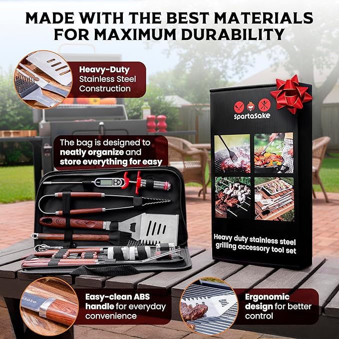 SpartaSake (24-Pack) Premium Stainless Steel BBQ Grilling Accessories with Black Handles - Barbecue Gill Accessories Set for Blackstone Griddle - Outdoor Camping Grill Set for BBQ for Dad Men Women