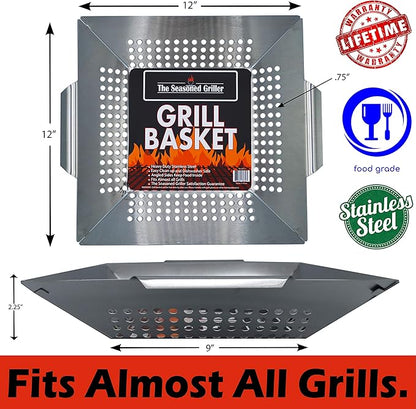 Professional Grade Stainless Steel Grill Basket, BBQ Accessories, Meats, Vegetables, Seafood, Pizza, Kabob. Fits Charcoal, Gas Grills Camping Cookware Grill Tool Gift for Dad