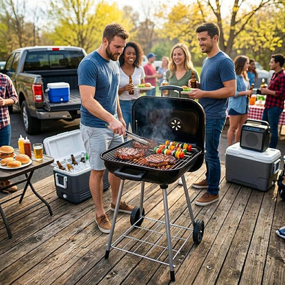 17.5-Inch Square Charcoal Grill with Wheels, 302 Sq In Cooking Surface Outdoor Barbecue BBQ, Porcelain-Coated Steel Freestanding Kettle Grill for Patio, Deck, and Backyard Gatherings, Black