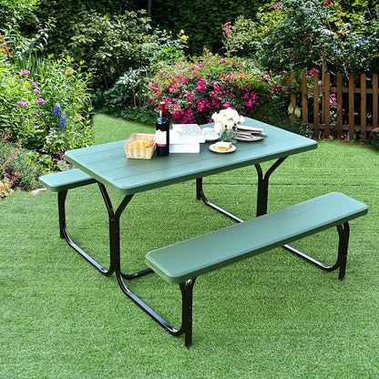 GYMAX Picnic Table, Picnic Bench Easy to Assemble w/All Weather Wood Grain Tabletop & Metal Frame, Picnic Tables for Outdoors Camping Backyard Deck Patio Poolside Dining Party