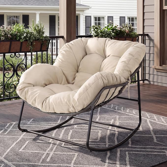 Bifanuo Oversized Egg Rocking Chair for Indoor/Outdoor – All-Weather Wicker Rattan Lounge Chair with Cushion, Patio Rocker for Porch, Garden, or Balcony (Classic Beige)