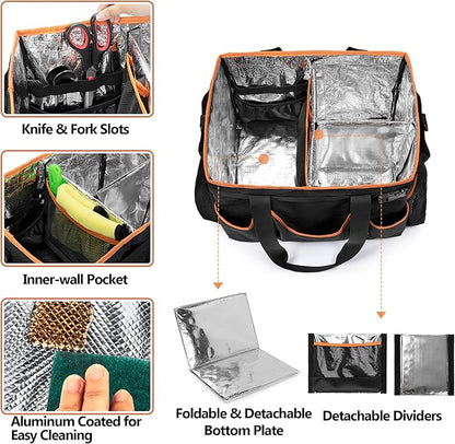 HODRANT Large Grill Utensil Caddy with Detachable Cooler, Collapsible Picnic Organizer with Paper Towel Holder for Griddle Accessories, Tailgating Accessory Basket for Outdoor Cooking Supplies, Black