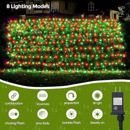 WBao Christmas Lights Outdoor 200LED 8.4ft x 5.2ft Christmas Net Lights with 8 Modes, Timer, End to End Connectable, Waterproof for Lawn, Bushes, Trees Outdoor Xmas Decorations, Red Green