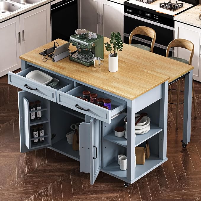 Ball & Cast Kitchen Island with Extendable Dining Table,Rubber Wood Veneer Kitchen Table W/Internal Storage Rack,Power Outlet & USB Ports,Kitchen Cart On Wheels W/2 Drawers & 2 Cabinets,Grey Blue,47"
