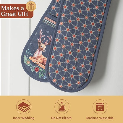 Maison d' Hermine Double Oven Mitt (7" x 35") 100% Cotton Heat Resistant BBQ Cooking Gloves with Loop for Thanksgiving Christmas Decorations Baking Cooking Barbeque Handling Hot Pan (Christmas Joy)