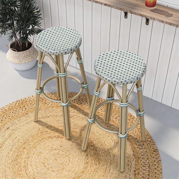 Seadrift Boho 30-inch Aluminum and All-Weather Wicker Barstools with Footrest, Patio Stools & Bar Chairs for Outdoor, Kitchen Counter, Poolside, Yard, Set of 2, Blue and Beige