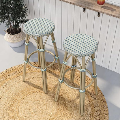 Seadrift Boho 30-inch Aluminum and All-Weather Wicker Barstools with Footrest, Patio Stools & Bar Chairs for Outdoor, Kitchen Counter, Poolside, Yard, Set of 2, Blue and Beige