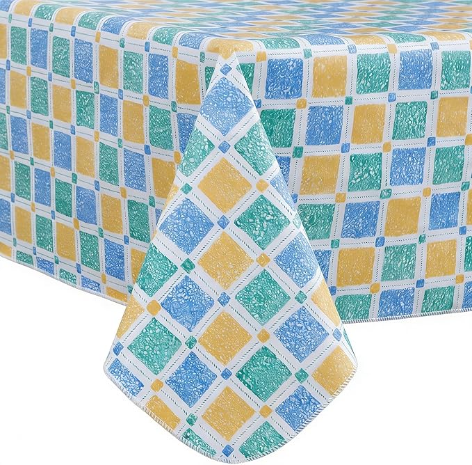 Walrus Heavy Duty Vinyl Tablecloth with Flannel Backing Waterproof Oil-Proof Plastic Table Cloth Stain-Resistant Wipeable Table Cover for Indoor and Outdoor (Stained Glass Checkered,60x84 Inch)