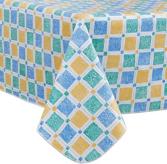 Walrus Heavy Duty Vinyl Tablecloth with Flannel Backing Waterproof Oil-Proof Plastic Table Cloth Stain-Resistant Wipeable Table Cover for Indoor and Outdoor (Stained Glass Checkered,60x102 Inch)