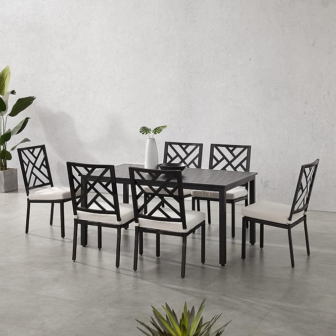 Crosley Furniture Locke 7-Piece Outdoor Dining Set for 6, Patio Table and Chairs for Backyard, Deck, Matte Black with Creme Cushions