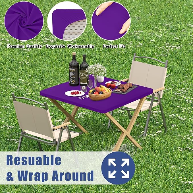 Moosfor 2 Pack Square Spandex Fitted Table Cloth, Elastic Tablecloth | Washable Picnic Table Cover, Stretch Waterproof Table cloths for Party, Patio, Dining, Kitchen, 34" x 34", Purple