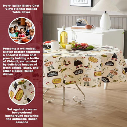 Newbridge 60 x 84 Inch Oval Vinyl Tablecloth with Flannel Backing, Italian Bistro Chef, Novelty Chef Indoor Outdoor Waterproof Table Cover for Picnic, Barbecue, Patio and Kitchen Dining, Ivory