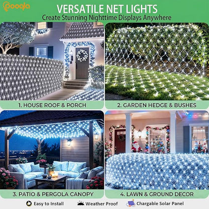 Pooqla Solar Net Lights, 21x5ft 360LED Christmas Net Lights Outdoor with 8 Modes, Solar & USB Powered Waterproof Green Wire Net Mesh String Lights for Bush Backyard Patio Decor, Cool White