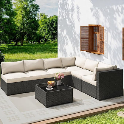 olimix 7 Piece Outdoor Patio Furniture Set, Outdoor Sectional Furniture, Rattan & Wicker Modern Modular Conversation Set Sofa Couch W/Water Resistant Washable Thick Cushions, Coffee/Beige