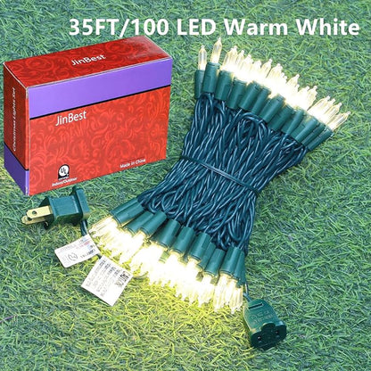100 LED Warm White Green Wire Christmas String Lights, UL Certified and Commercial Decorative Lighting String 35 Ft, for Indoor Outdoor Christmas Trees, Patio, Trees.