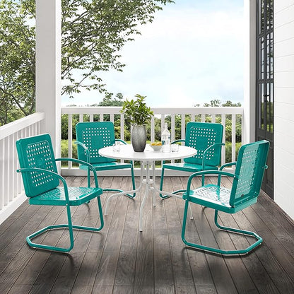 Crosley Furniture Bates 5-Piece Outdoor Dining Set for 4, Retro Metal Round Patio Table and Chairs for Deck, Turquoise Gloss