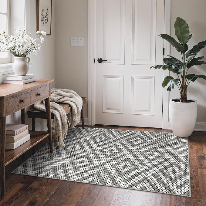 GENIMO Outdoor Rug 3'x5' Waterproof for Porch, Plastic Door Mat Cloud Grey | Outside Larger Modern Carpet Mat for Porch Decor, Deck, Balcony, Camping, RV, Backyard, Picnic, Beach, Reversible, Foldable