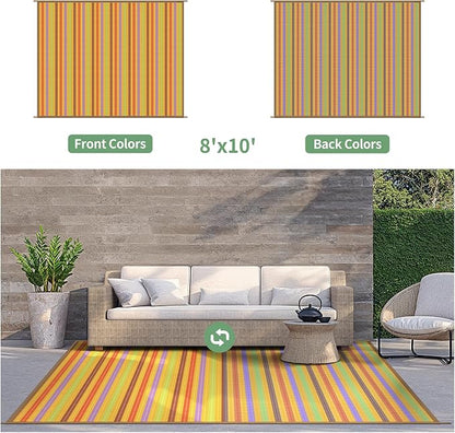 GENIMO Outdoor Rug, Waterproof Plastic Rugs for Patio, 8'x10' Rainbow | Outside Larger Modern Carpet Mat for Porch Decor, Deck, Balcony, Camping, RV, Backyard, Picnic, Beach, Reversible, Foldable