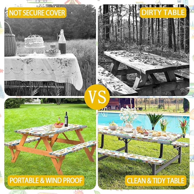 Picnic Table Cover with Bench Covers, RV Bear & Mountain Camping Tablecloth, Elastic Edges, Windproof Waterproof Fitted, for Outdoor Camping Patio Garden, with Drawstring Bag, 60 Inch 3PCS