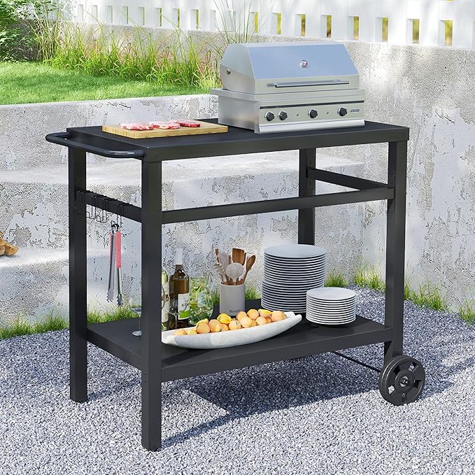 DDK 2-Tier Outdoor Grill Table, 34" Metal Top BBQ Prep Cart with Wheels & Hooks, 150 LBS Capacity Grill Cart for Patio Backyard Camping, Works as Griddle Stand & Potting Bench