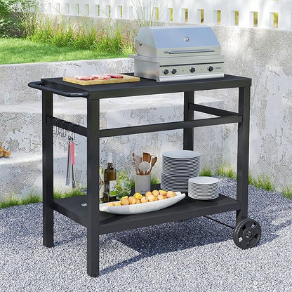 DDK 2-Tier Outdoor Grill Table, 34" Metal Top BBQ Prep Cart with Wheels & Hooks, 150 LBS Capacity Grill Cart for Patio Backyard Camping, Works as Griddle Stand & Potting Bench