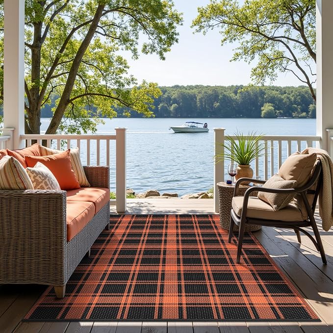 GENIMO Outdoor Rug, Waterproof Plastic Rugs for Patio, 6'x9' Dark Orange | Outside Larger Modern Carpet Mat for Porch Decor, Deck, Balcony, Camping, RV, Backyard, Picnic, Beach, Reversible, Foldable
