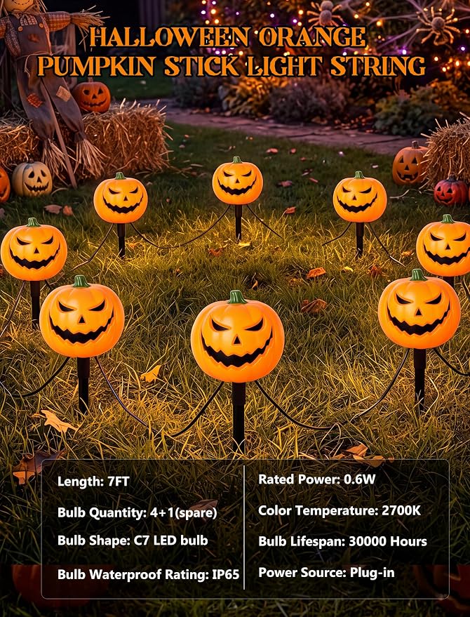 7FT Outdoor Halloween Pathway Lights, Set of 4 Smiley Pumpkin Stakes Lights | Waterproof, Connectable Halloween Pumpkin Sidewalk Lights Plug in for Garden Yard Lawn Walkway Driveway Halloween Decorations