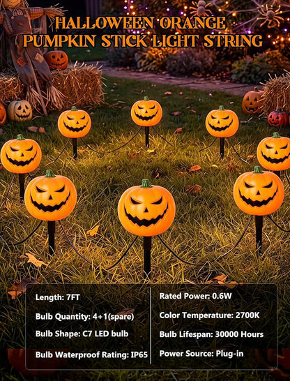 7FT Outdoor Halloween Pathway Lights, Set of 4 Smiley Pumpkin Stakes Lights | Waterproof, Connectable Halloween Pumpkin Sidewalk Lights Plug in for Garden Yard Lawn Walkway Driveway Halloween Decorations