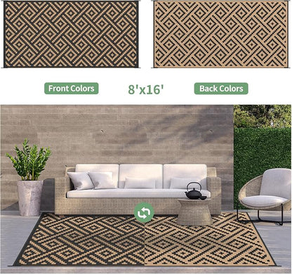 GENIMO Outdoor Rug, Waterproof Plastic Rugs 8'x16' for Camping Black Brown | Outside Larger Modern Carpet Mat for Patio Decor, RV, Porch, Camper, Deck, Picnic, Beach, Backyard, Reversible, Foldable