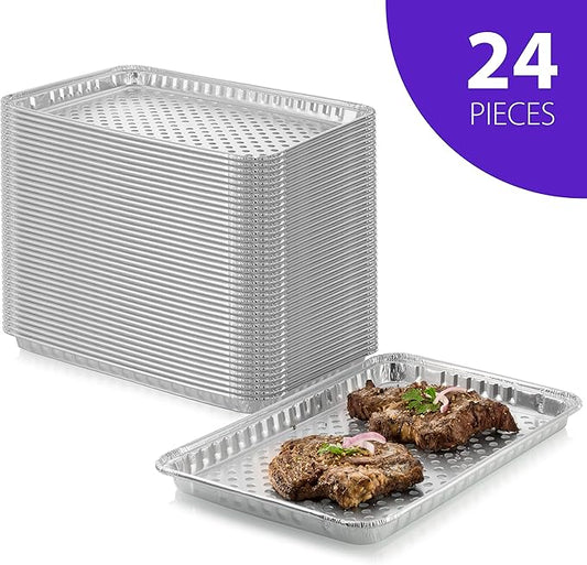 24-Pack Disposable Aluminum Foil BBQ Grill Topper Pan – Prevents Food from Falling into the Grill or Sticking to the Grate – No Clean Up Required – Perfect for Camping and Outdoor Use - 15” x10” x1.5”