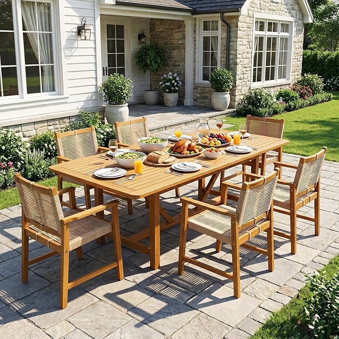 Acacia 7 Piece Outdoor Dining Set Extendable 63"-95" L Table with Umbrella Hole & 6 Handwoven Chairs - All-Weather Use, Easy Assembly Patio Furniture Set for Deck, Garden - Natural (Set for 6-8)