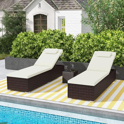 Tangkula Patio Chaise Lounge, Outdoor Rattan Lounge Chair w/ 6-Level Backrest, Comfy Seat Cushion & Headrest, Sturdy Metal Frame, Outside Reclining Chair for Backyard, Poolside (1, Off White)