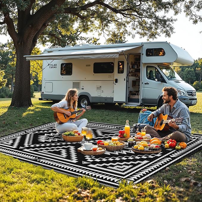 GENIMO Outdoor Rug, Waterproof Plastic Rugs for Patio, 6'x9' Shadow White | Outside Larger Modern Carpet Mat for Porch Decor, Deck, Balcony, Camping, RV, Backyard, Picnic, Beach, Reversible, Foldable