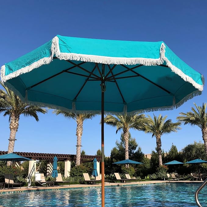 FORMOSA 9ft 6 Rib Market Premium Patio Umbrella Replacement Canopy - 300D UV Protective and Water Resistant Patio Canopy - Umbrella Replacement Cover (CANOPY ONLY) (Turquoise Fringe Olefin)