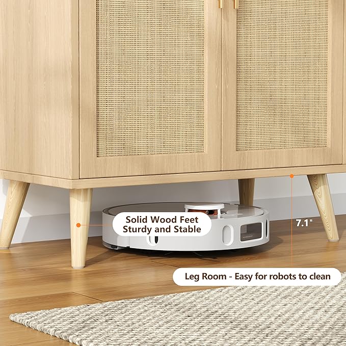 Keehusux 15.7" D Rattan Storage Cabinet with 2 Doors & Adjustable Shelf | Accent Buffet Sideboard Cabinet with Solid Wood Legs, Coffee Bar for Kitchen, Living Room, Entryway, Natural Oak