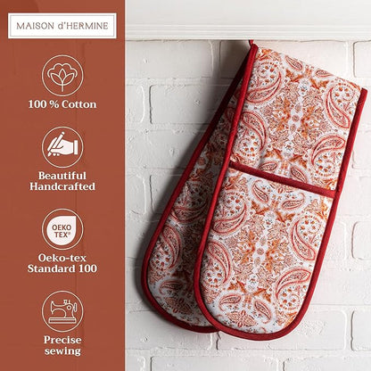Maison d' Hermine Double Oven Mitt (7" x 35") 100% Cotton Heat Resistant BBQ Cooking Gloves with Loop for Thanksgiving Christmas Decorations Baking Cooking Barbeque Handling Hot Pan (Orient)