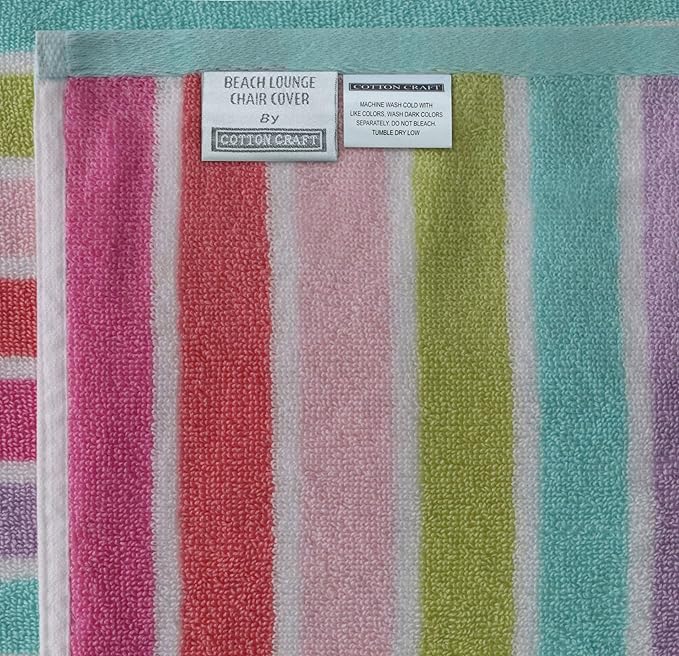 COTTON CRAFT Pool Lounge Chair Cover - 2 Pack Dobby Terry Stripe Chaise Lounge Cover - Soft 100% Cotton Towel Beach Chair Cover - Oversized 32 in W x 82 in Length x 7 in Pocket – Pink Multi
