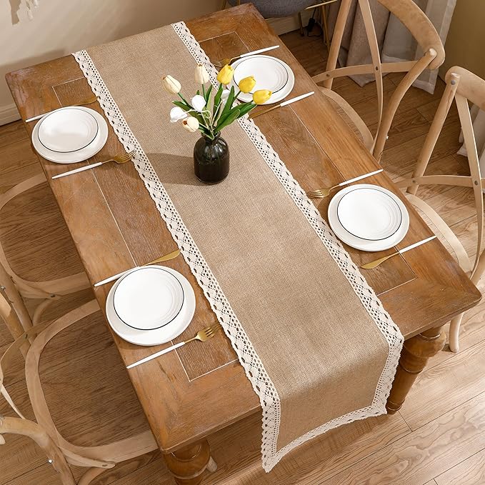 Burlap Table Runner Natural Jute Braided Table Runner 13''x 120'' Long Farmhouse Table Runners with Beige Lace for Spring Summer Parties BBQ's Holidays Rustic Vintage Dining Table Runner