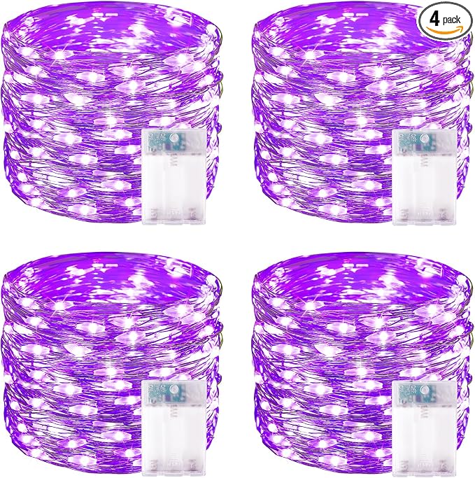 4 Pack 60 LED Fairy Lights Battery Operated with Timer 20FT Halloween Light | Purple, Cuttable Copper Wire, Waterproof Battery String Lights for Indoor Outdoor, Bedroom, Home, DIY, Halloween Decorations