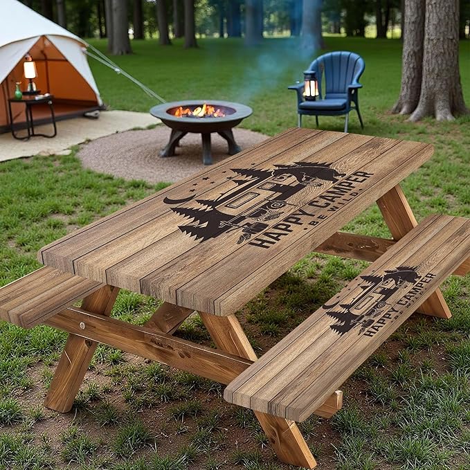 Picnic Table Cover with Bench Covers, Waterproof Windproof Fitted Outdoor Tablecloth with Elastic Rectangle Table Camping Must Haves Rv Accessories, 72in, Brown Wooden