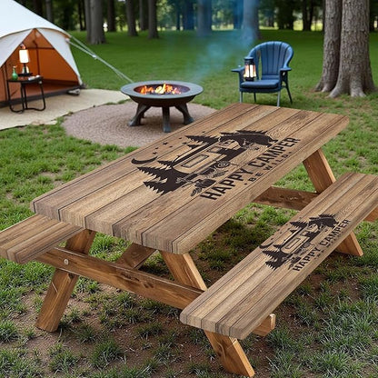 Picnic Table Cover with Bench Covers, Waterproof Windproof Fitted Outdoor Tablecloth with Elastic Rectangle Table Camping Must Haves Rv Accessories, 72in, Brown Wooden