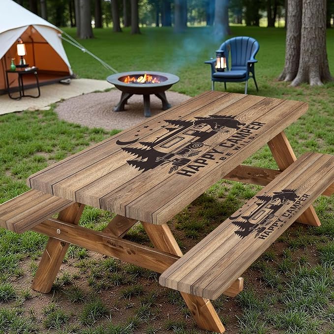 Picnic Table Cover with Bench Covers, Waterproof Windproof Fitted Outdoor Tablecloth with Elastic Rectangle Table Camping Must Haves Rv Accessories, 60in, Brown Wooden