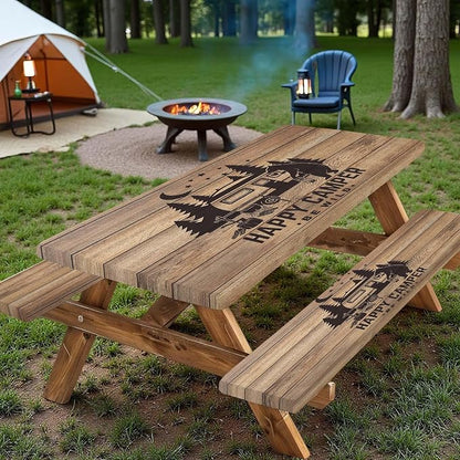 Picnic Table Cover with Bench Covers, Waterproof Windproof Fitted Outdoor Tablecloth with Elastic Rectangle Table Camping Must Haves Rv Accessories, 60in, Brown Wooden